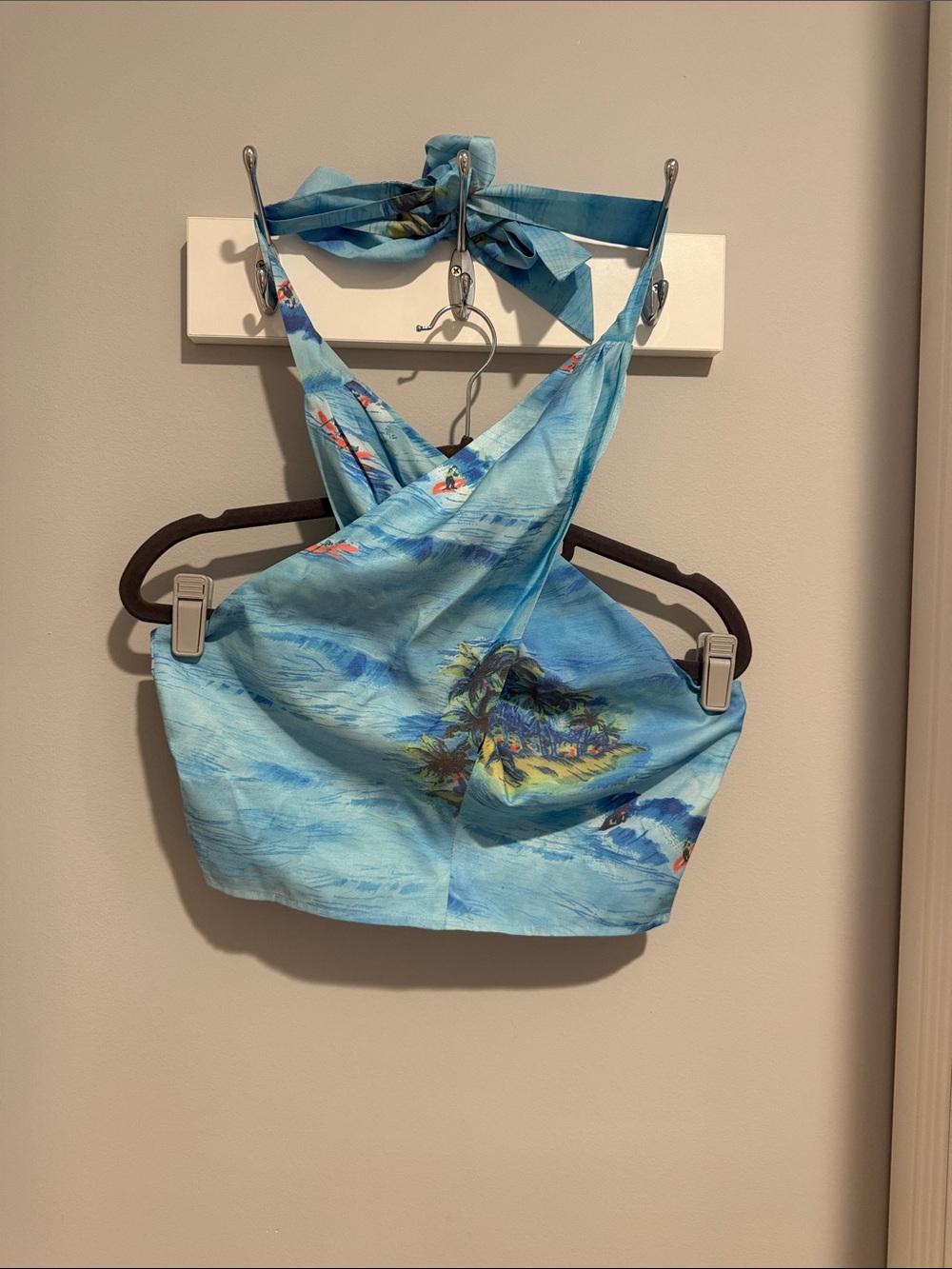 STAUD Blue Tropical Print Cropped Halter Top